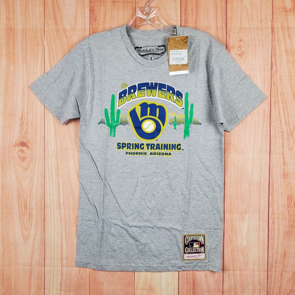 Mitchell & Ness Mens T-Shirt Sz Small Gray Cotton Short Sleeve Milwaukee Brewers